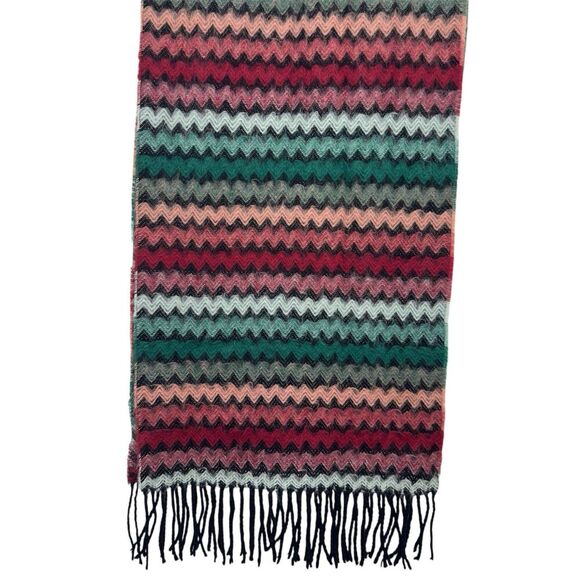 Made In Germany Cashmere Neck Scarf Multicolor Chevron Fringe 69” X 12” Preppy - Picture 4 of 5